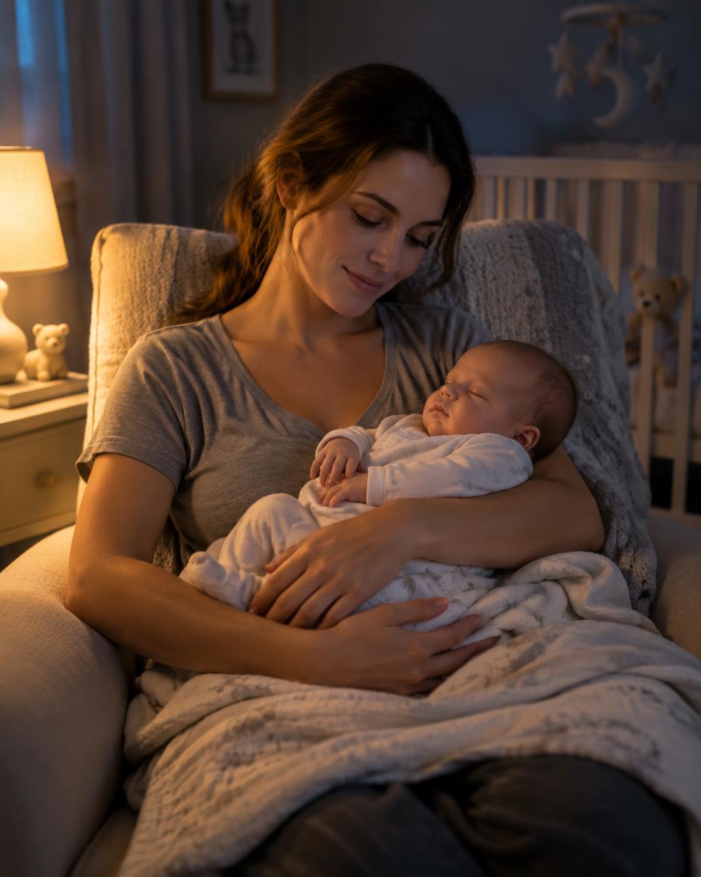 Mama ponoči v naročju drži zaspanega dojenčka